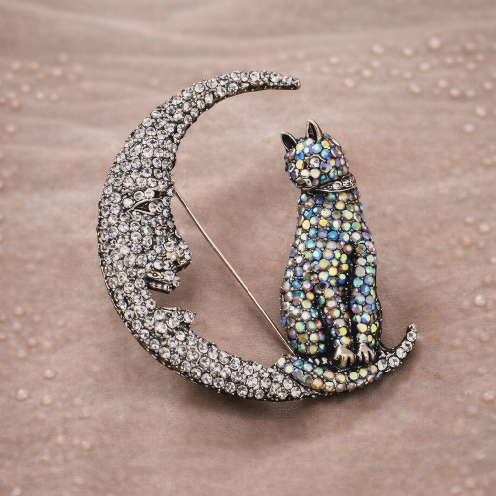 Moon Cat Crystal Brooch